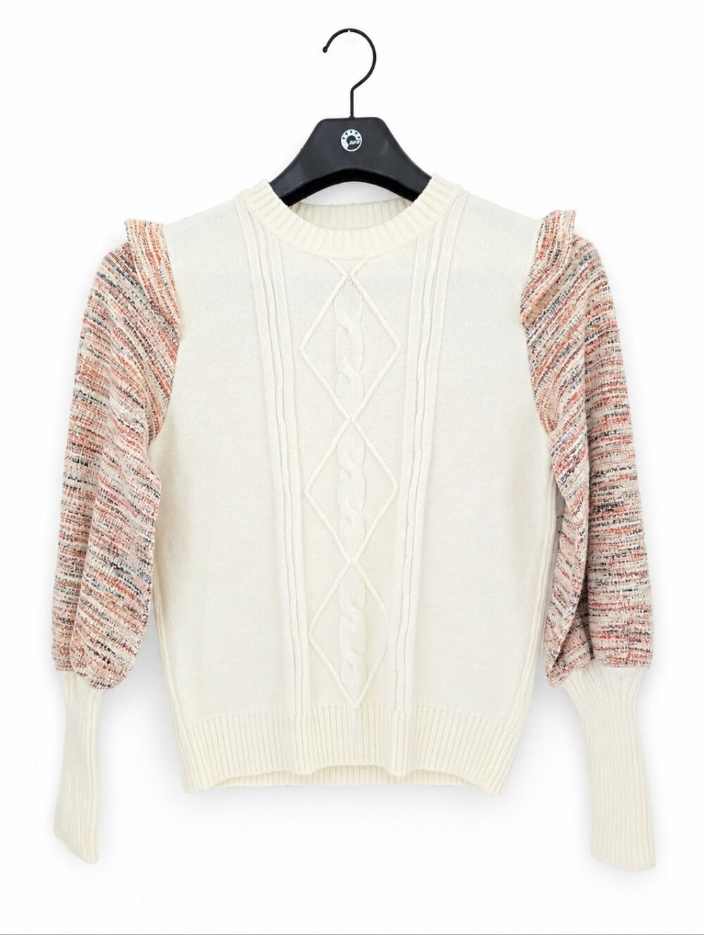 Fate Cream Cable Knit Contrast Puff Sleeve Sweater Size S NWOT